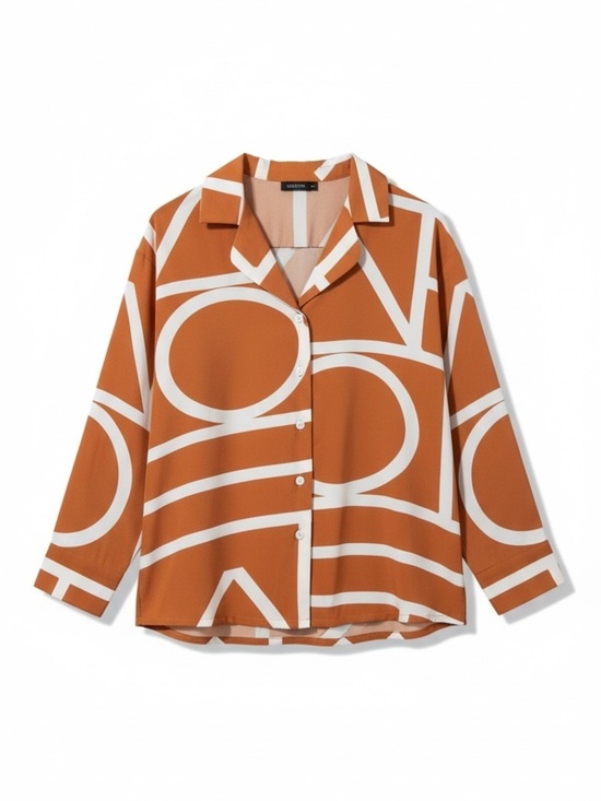 SHEIN Tops - SHEIN Geometric Print Button Down Blouse Orange White Small
